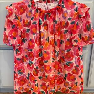 Adelyn Rae Floral Ruffled Short Sleeve Blouse - Pink Orange Green